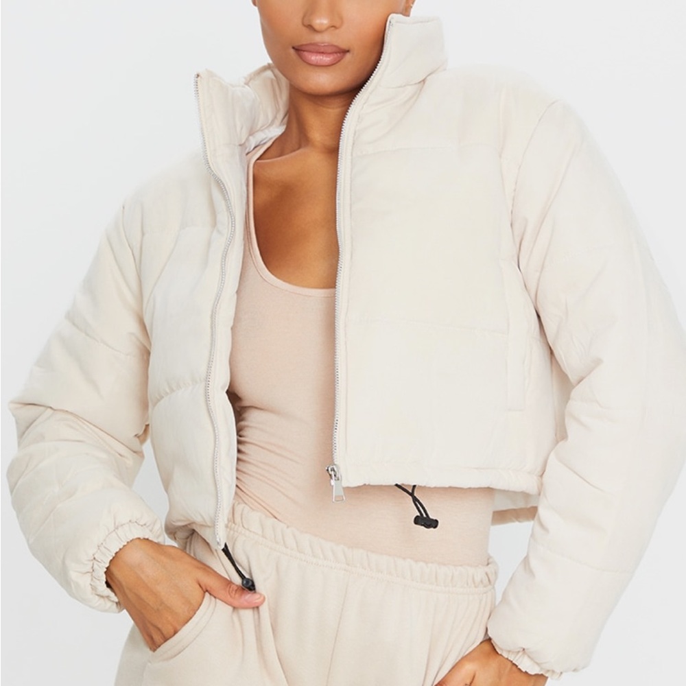 PrettyLittleThing super cropped peach skin puffer jacket in cream size 10